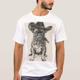 French Bulldog Cowboy Hat Retro Ink Design T - Shi T-Shirt