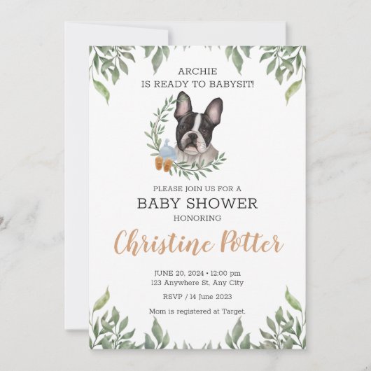 French Bulldog Dog Boy Boho Greenery Baby Shower Einladung (Vorderseite)