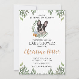 French Bulldog Dog Boy Boho Greenery Baby Shower Einladung