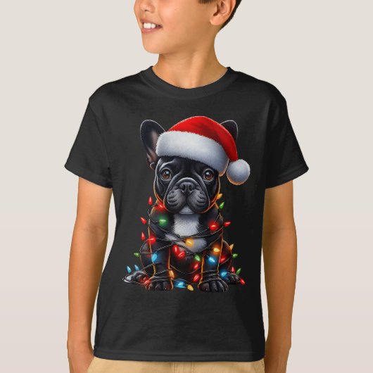 French Bulldog Dog Christmas Lights Santa Hat Dog T-Shirt (Vorderseite)