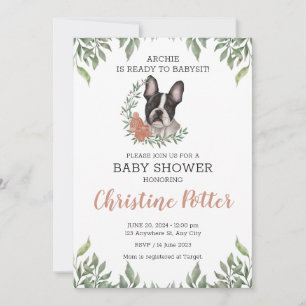 French Bulldog Dog Girl Boho Greenery Baby Shower Einladung