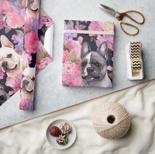 French Bulldog Floral Butterfly Wrapping Paper Geschenkpapier (Kunsthandwerk)