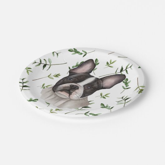 French Bulldog Greenery Boho Baby Shower Pappteller (Schrägansicht)