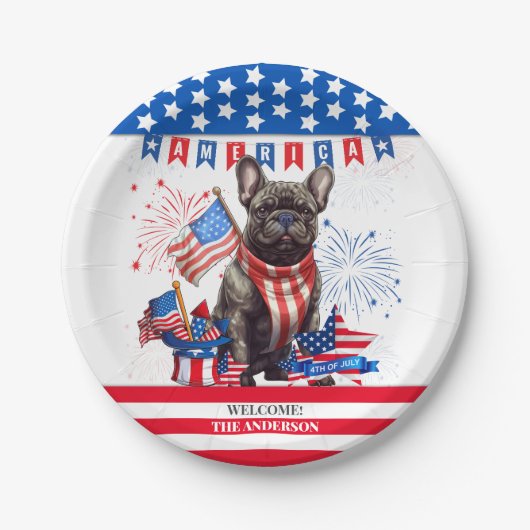 French Bulldog Happy 4th July America Patriotic Pappteller (Vorderseite)