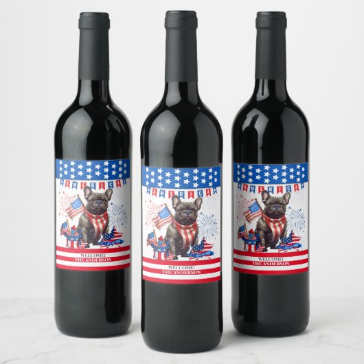 French Bulldog Happy 4th July America Patriotic Weinetikett (Flaschen)