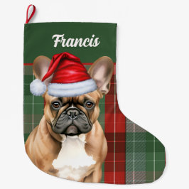 French Bulldog Holiday Plaid and Dogs Name Großer Weihnachtsstrumpf