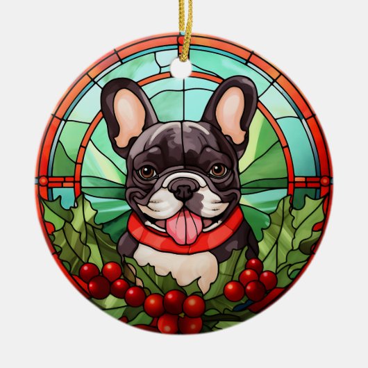 French Bulldog Holly Berry Wreath Keramik Ornament (Vorne)