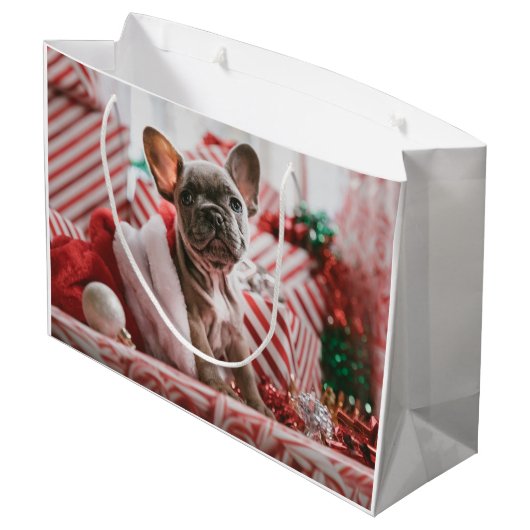 French Bulldog in Christmas Hat Große Geschenktüte (Rückseite Schrägansicht)