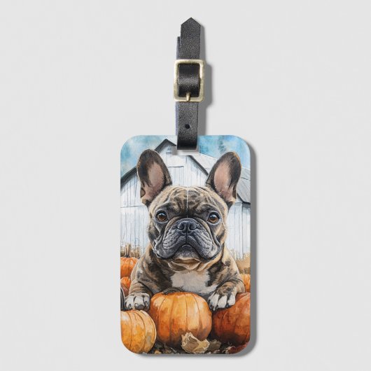 French Bulldog in Pumpkin Patch Gepäckanhänger (Vorderseite Vertikal)