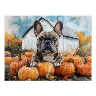 French Bulldog in Pumpkin Patch Poster