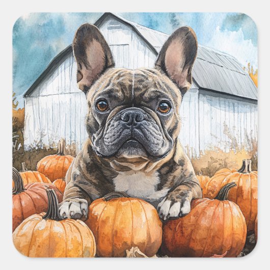 French Bulldog in Pumpkin Patch Quadratischer Aufkleber (Vorderseite)