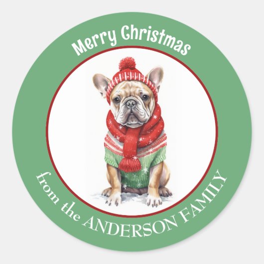 French Bulldog in Red Christmas Scarf und Hat Runder Aufkleber (Vorderseite)