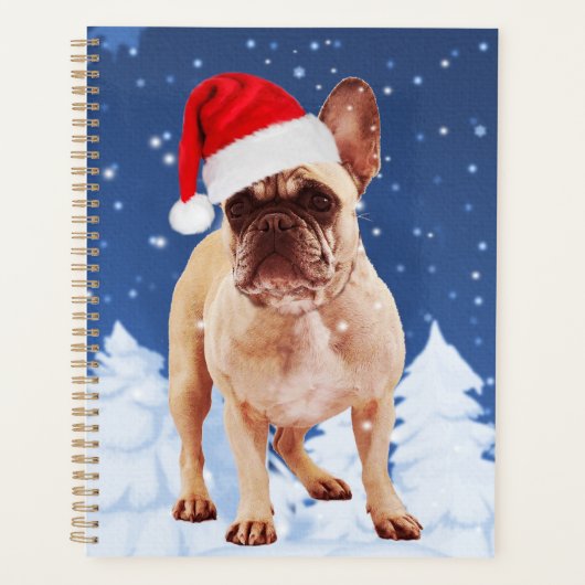 French Bulldog in Snow Christmas w Weihnachtsmannm Planer (Vorderseite)