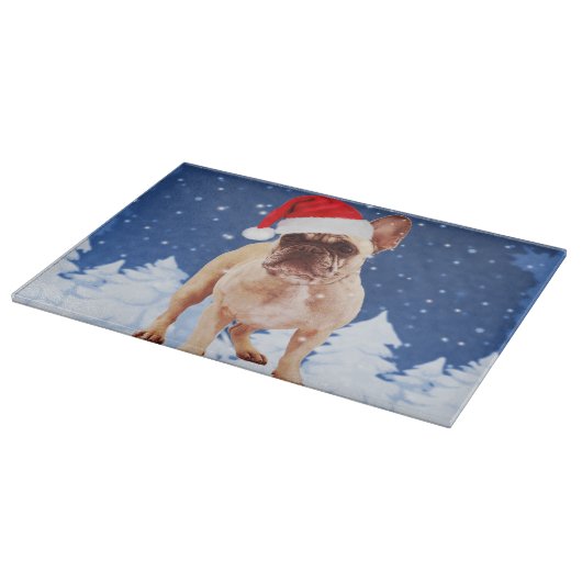 French Bulldog in Snow Christmas w Weihnachtsmannm Schneidebrett (Ecke)