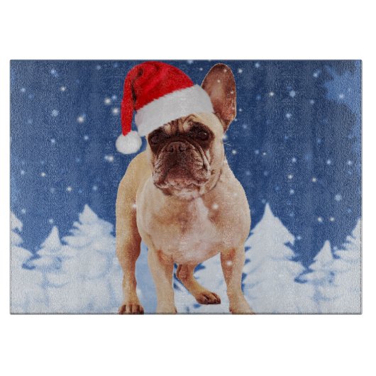 French Bulldog in Snow Christmas w Weihnachtsmannm Schneidebrett (Vorderseite)