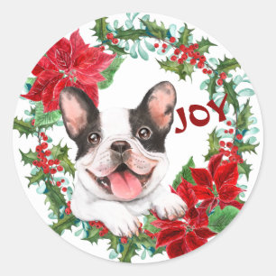 French Bulldog Joy Poinsettia Weihnachtsfeier Runder Aufkleber