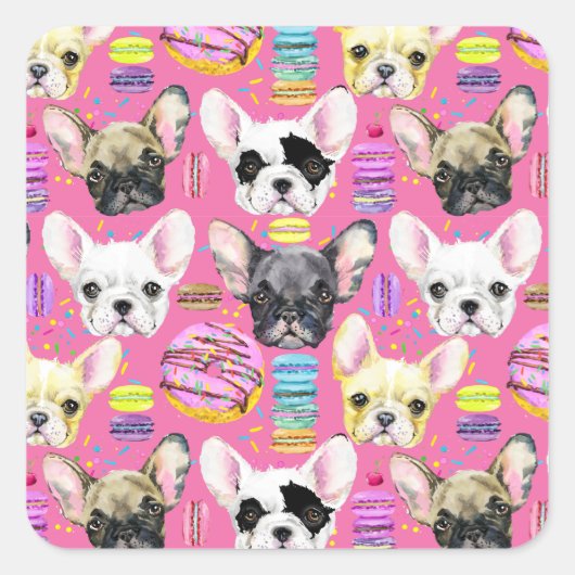 French Bulldog Macaron Pattern Quadratischer Aufkleber (Vorderseite)