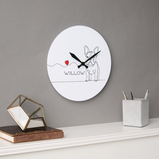 French Bulldog Pet Line Art with Name Bed Große Wanduhr (Büro)