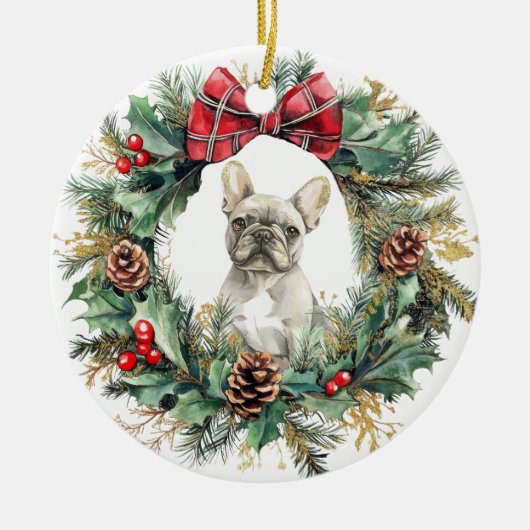 French Bulldog Pine Cone Bow Wreath Keramik Ornament (Vorne)