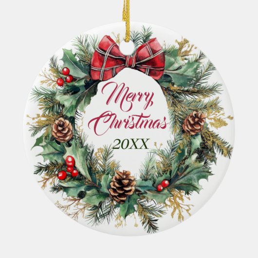 French Bulldog Pine Cone Bow Wreath Keramik Ornament (Hinten)