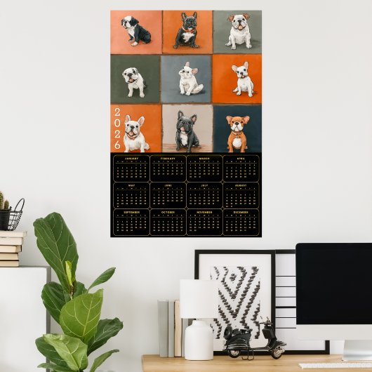French Bulldog Portrait Grid with 2026 Calendar Poster (Heimbüro)