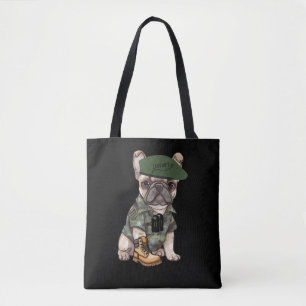 French Bulldog Puppy in Camouflage Outfit & Green Tasche