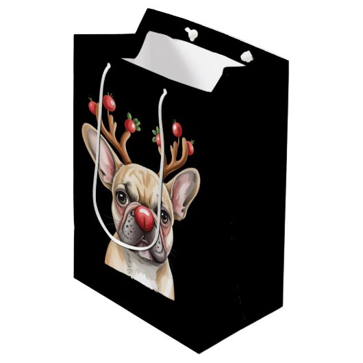 French Bulldog Reindeer Dog Lover Christmas Xmas Mittlere Geschenktüte (Vorderseite Schrägansicht)