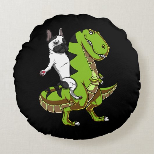 French Bulldog Riding T-Rex Dinosaur Funny Dog Rundes Kissen (Vorderseite)