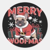 French Bulldog Santa Claus Hat Frohe Weihnachtsfra Runder Aufkleber (Vorderseite)
