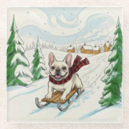 French Bulldog Sledding, Glass Coaster Glasuntersetzer