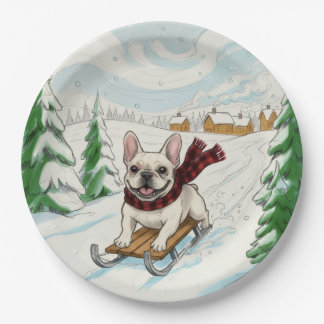 French Bulldog Sledding, Paper Plates Pappteller