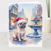 French Bulldog Snowy Town Fountain Santa Christmas Karte (Vorderseite)