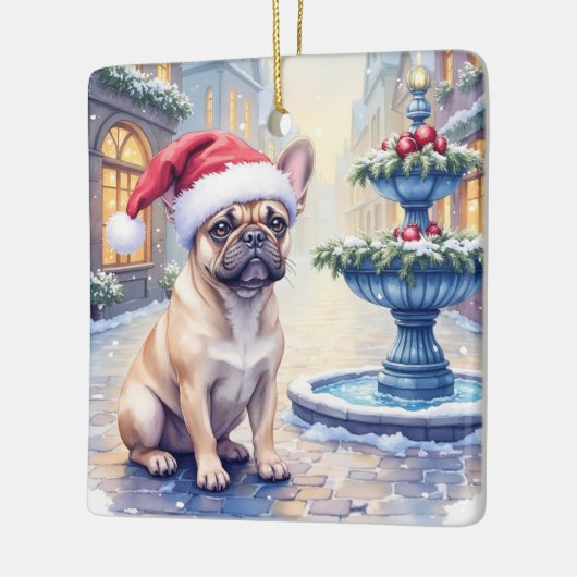 French Bulldog Snowy Town Fountain Santa Christmas Keramikornament (Links)