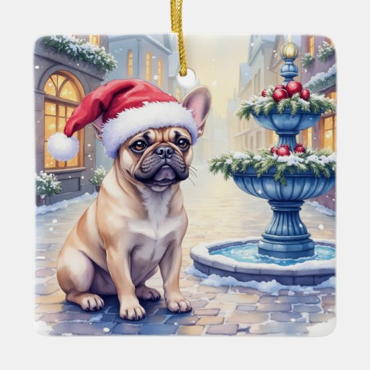 French Bulldog Snowy Town Fountain Santa Christmas Keramikornament (Vorderseite)