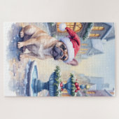 French Bulldog Snowy Town Fountain Santa Christmas Puzzle (Horizontal)