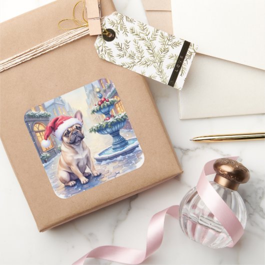 French Bulldog Snowy Town Fountain Santa Christmas Quadratischer Aufkleber (Schenken)