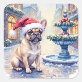 French Bulldog Snowy Town Fountain Santa Christmas Quadratischer Aufkleber (Vorderseite)