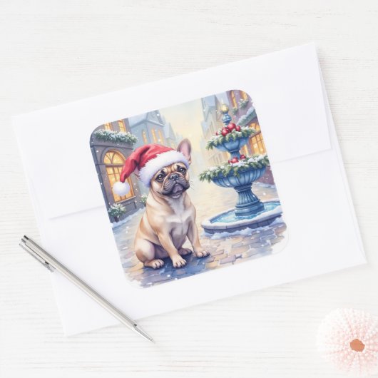 French Bulldog Snowy Town Fountain Santa Christmas Quadratischer Aufkleber (Umschlag)