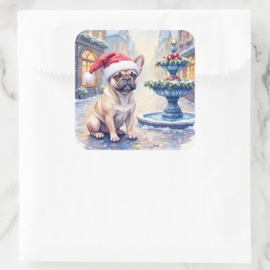 French Bulldog Snowy Town Fountain Santa Christmas Quadratischer Aufkleber (Tasche)