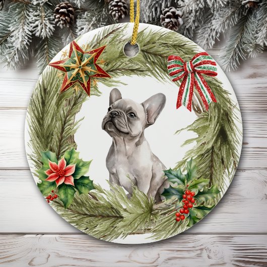 French Bulldog Star Bow Wreath Keramik Ornament
