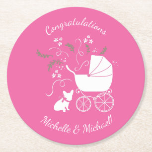 French Bulldog Themenparty - Babydusche pink Runder Pappuntersetzer