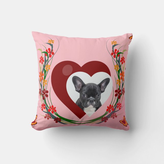 French Bulldog w Heart Blume Schmetterlinge Kissen (Vorderseite)