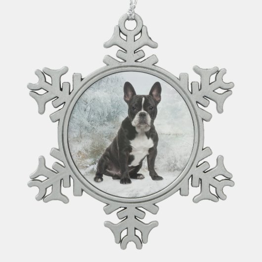 French Bulldog Weihnachtsschmuck Schneeflocken Zinn-Ornament (Vorderseite)
