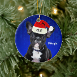 French Bulldog Welpe mit Weihnachtsmannmütze Weihn Keramik Ornament