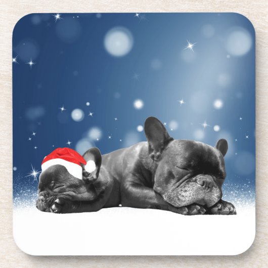 French Bulldog Welppies - Schneefreude-Weihnachtsm Getränkeuntersetzer (Vorderseite)