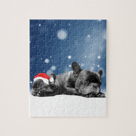 French Bulldog Welppies - Schneefreude-Weihnachtsm Puzzle (Vertikal)