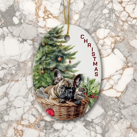 French Bulldog Wicker Basket Weihnachten Keramik Ornament