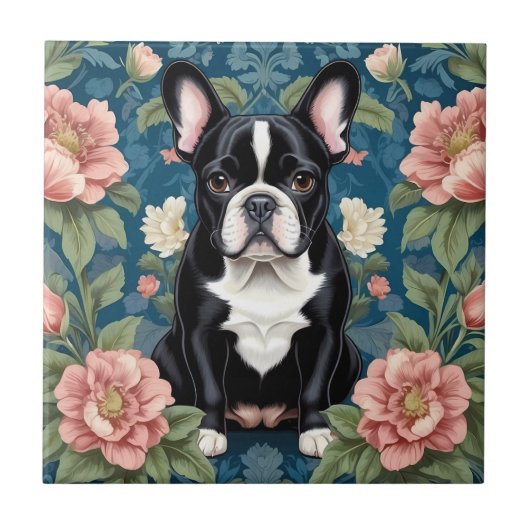 French Bulldog William Morris Inspirierte Floral Fliese (Vorderseite)