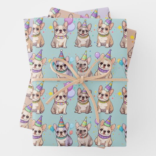 French Bulldogs Pastel Birthday Pattern Geschenkpapier Set (Beispiel)