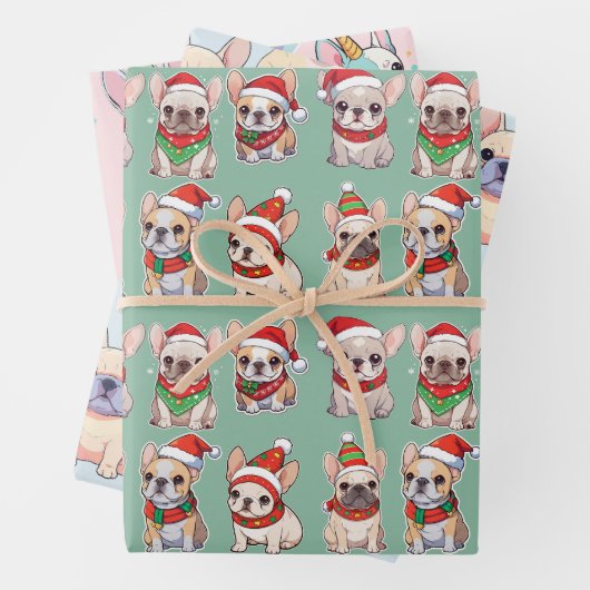 French Bulldogs Pastell Christmas Pattern Geschenkpapier Set (Beispiel)